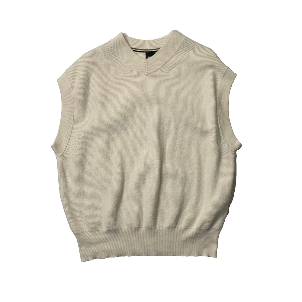 Boss Sweater Vest Mens M Medium Eggshell Ribbed Knit V Neck Cotton Wool Blend